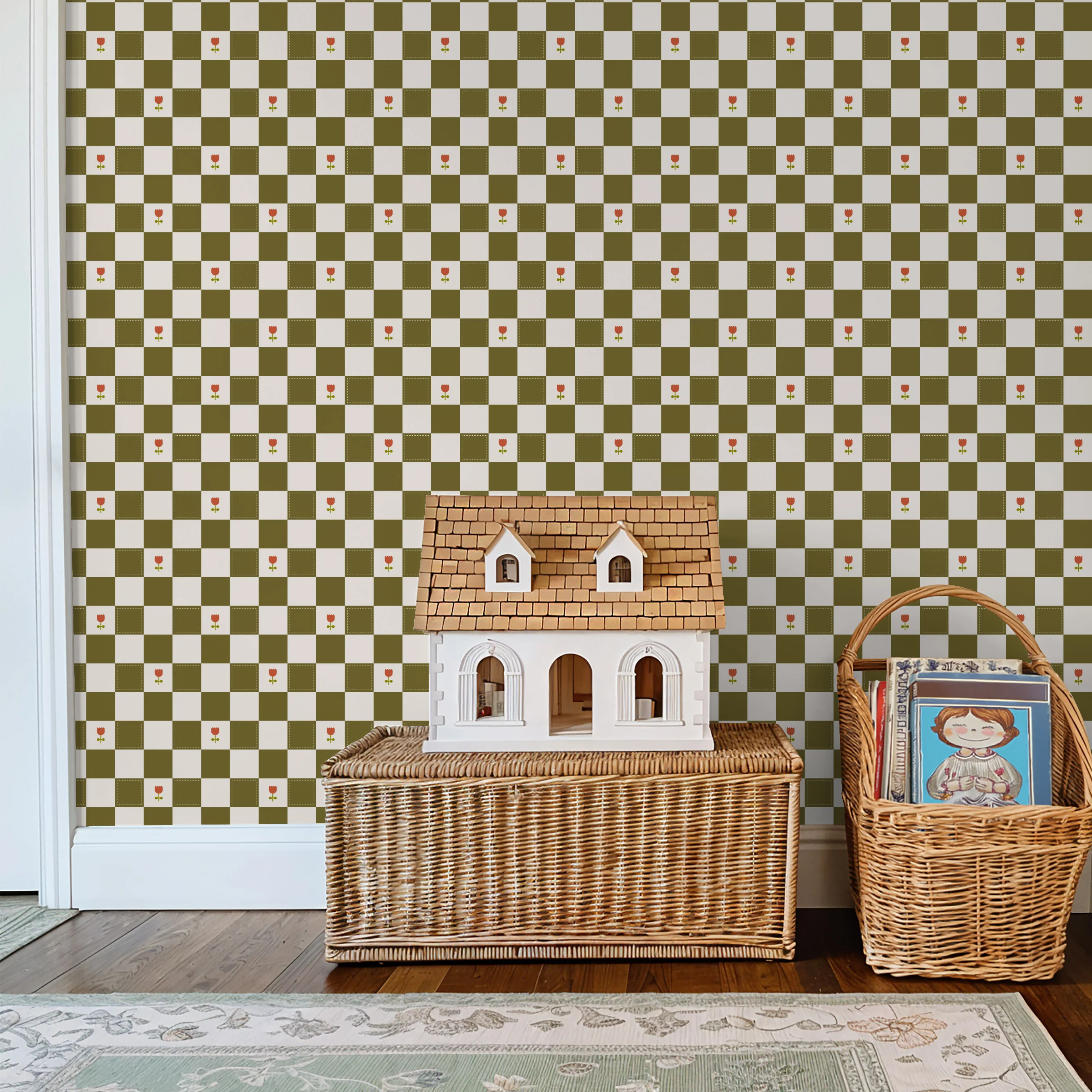 Brenton's Checkered Tulip (Green) Wallpaper - 8 FT H X 12.5 FT W LUXE - Image 5