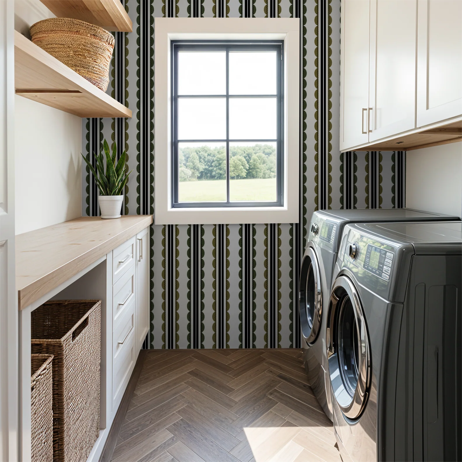 Sunday Scallop (Olive and Dark Green) Wallpaper - Image 3