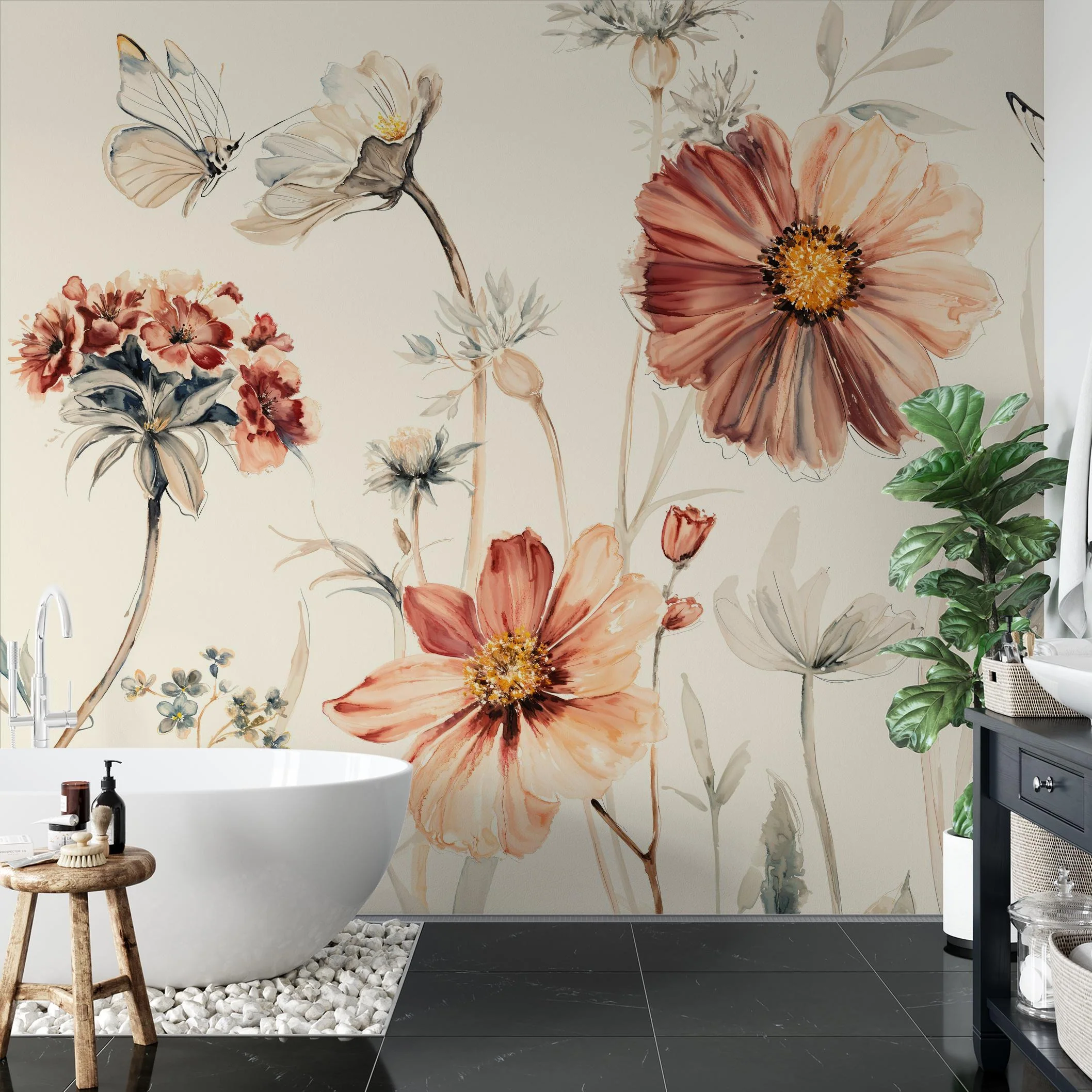 Wildflower Dreams Wallpaper (Cream) - 18 FT H X 25.3 FT W LUXE P&S